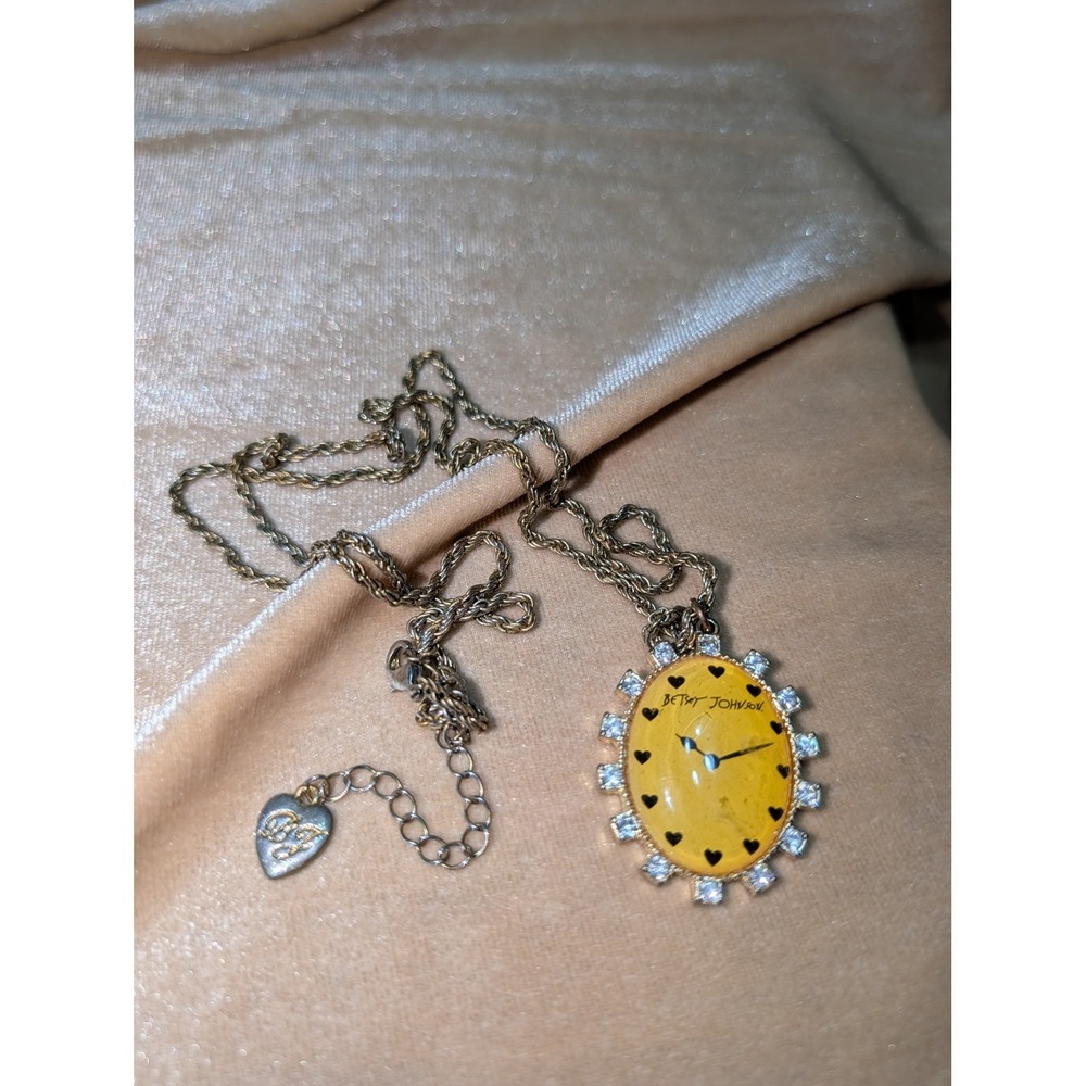 Betsey Johnson Yellow Clock Face Pendant Necklace Heart Markers Rhinestone